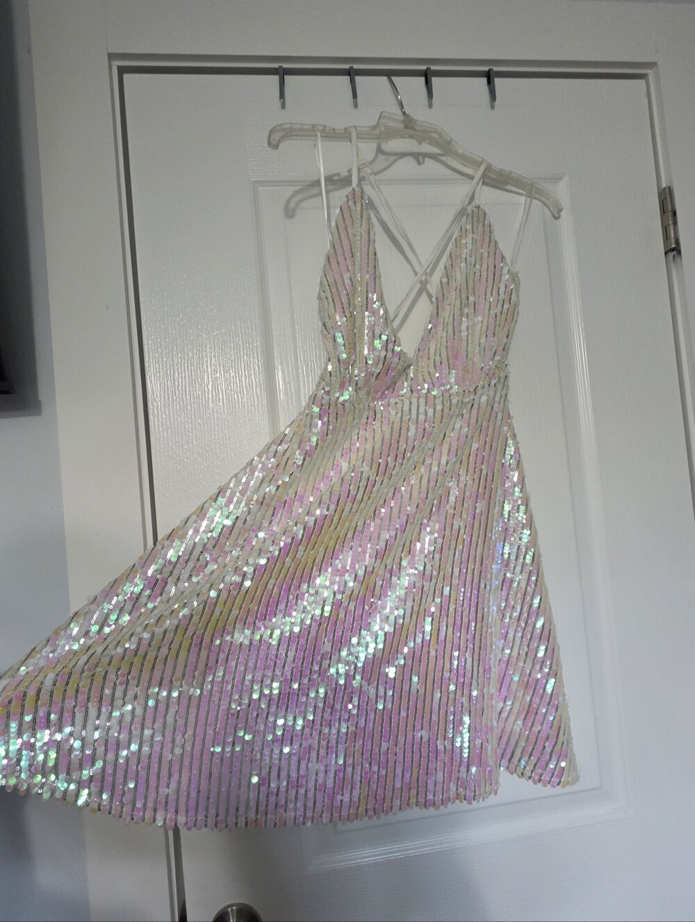 Iridescent Pink Sequin Striped V-Neck Dress
